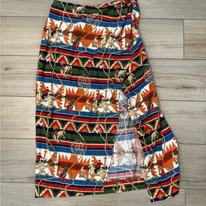 British Khaki Western Print 100% Cotton Wrap Midi Skirt